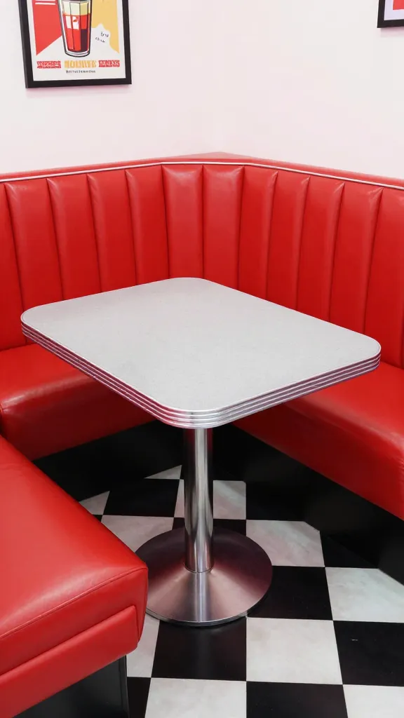 A high-quality, realistic photo capturing a vibrant and playful retro diner-style kitchen nook. The focal point is a sleek, chrome-edged table with a subtle speckled gray laminate top, positioned against a built-in, luxurious vibrant red vinyl banquette that curves invitingly. The floor below is a classic small black and white checkerboard tile. On the wall above the banquette, a framed vintage-inspired advertisement, perhaps for a 1950s soft drink or diner special, adds an authentic touch of mid-century nostalgia. The scene is brightly lit, emphasizing the clean lines and iconic colors of the design. Shot from a slightly elevated eye-level, looking into the nook. No text on images.