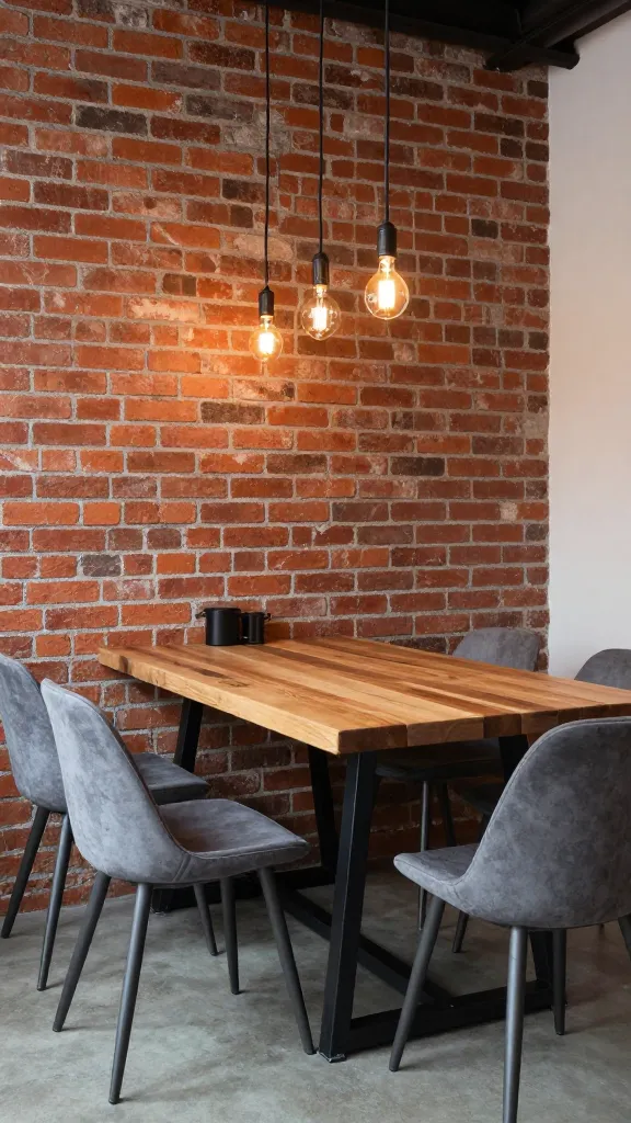 A realistic, high-quality photo of an urban industrial kitchen nook. A sturdy reclaimed wood table with a sleek black metal base is surrounded by distressed grey Tolix-style chairs. An authentic exposed red brick wall forms the backdrop, adding raw character. Above the table, exposed bulb pendant lights with black cords hang, casting a warm, inviting glow. The design embodies a chic, no-fuss city loft aesthetic with utilitarian elements and modern sophistication. Sharp focus, natural lighting, interior design photography.