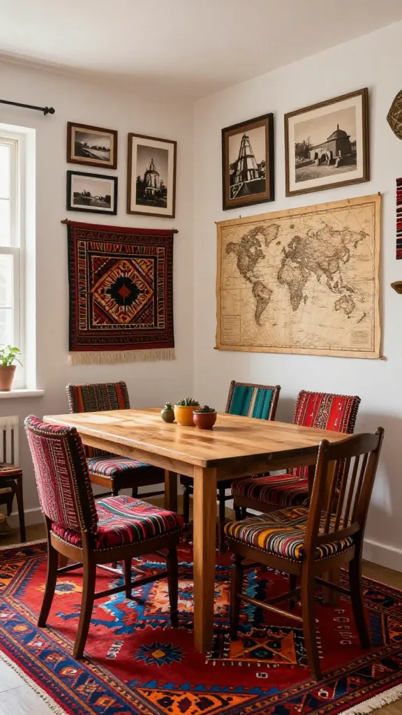 A high-quality, realistic photo of a cozy, eclectic kitchen nook. A simple, solid natural wood dining table is surrounded by a vibrant mix of mismatched vintage chairs from various eras and cultures, some with unique upholstery and others with colorful, patterned cushions. The wall behind the nook features a curated gallery of framed sepia-toned travel photographs, an antique world map with aged parchment texture, and several intricately woven textile art pieces from different global regions. Underfoot, a vibrant Kilim rug with bold geometric patterns in rich reds, blues, and oranges anchors the space. Soft, natural light streams in from a nearby window, highlighting the diverse textures and colors, creating an inviting atmosphere that tells a story of global adventures. No text.