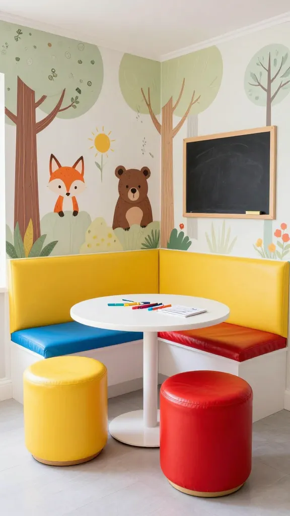 A high-resolution, realistic photograph taken at eye-level, showcasing a vibrant and whimsical kitchen nook designed for playful children. The focal point is a sturdy, low-profile built-in bench featuring bright primary-colored, wipeable vinyl cushions in sunshine yellow, sky blue, and apple red. A round, white laminate table stands centrally, perfectly sized. The walls are adorned with imaginative wallpaper depicting stylized, friendly forest animals like foxes and bears peeking out from abstract trees in a cheerful pastel palette. A small, dark chalkboard is mounted on one wall, while the table is neatly arranged with a few colorful art supplies such as crayons and a small notepad, suggesting creative activity. The entire space is bathed in bright, natural light, highlighting its clean, durable, and inviting atmosphere. Shot with a wide-angle lens to capture the full charm of the nook. No text.