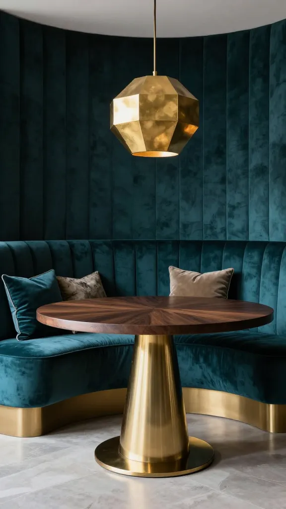 A high-quality, realistic photograph of an opulent kitchen nook. A custom-built, deep-tufted velvet banquette in a rich deep teal color serves as the luxurious seating. It is paired with a sleek round dining table featuring a gleaming brass base and a dark wood top. A dramatic geometric brass pendant light hangs directly above the table. A few small, plush throw pillows in complementary shades are arranged on the banquette. The scene exudes sophistication and comfort, with subtle natural light enhancing the textures and metallic accents.