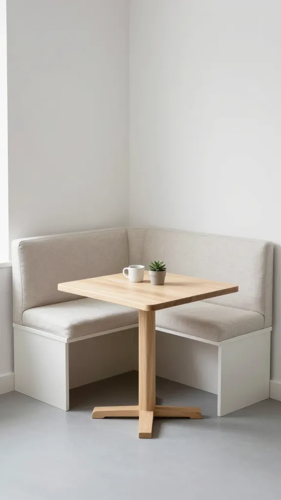 A high-quality, realistic photograph of a compact, modern kitchen nook designed for small spaces. The central feature is a custom-built, L-shaped corner bench, upholstered in a light, neutral linen fabric (e.g., off-white or light beige). The bench incorporates clever storage solutions, with one of the lift-top seats subtly raised to reveal the interior compartment. A simple, space-saving square dining table, crafted from light natural wood, fits snugly into the corner. The surrounding walls are painted in a crisp white or light gray, enhancing the feeling of spaciousness. Soft, diffused natural light illuminates the scene, creating an inviting and airy atmosphere. A single, minimalist ceramic mug and a small potted succulent are placed on the table for a touch of styling. The overall aesthetic is clean, functional, and stylish, maximizing every inch without clutter. No text.