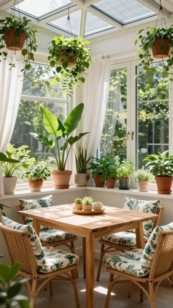 A sun-drenched kitchen nook designed like a mini-solarium, brimming with lush greenery. Abundant natural light streams through large windows and a glass door, blurring the lines between indoors and outdoors. A simple natural wood table is surrounded by lightweight wicker chairs featuring cushions upholstered in a fresh botanical print. The space is filled with an abundance of potted plants: various hanging plants, tall floor plants in stylish ceramic pots, and a collection of fresh herbs on the windowsill. Sheer white curtains gently filter the sunlight, creating a bright and airy atmosphere. High-quality realistic photograph, natural lighting, no text.