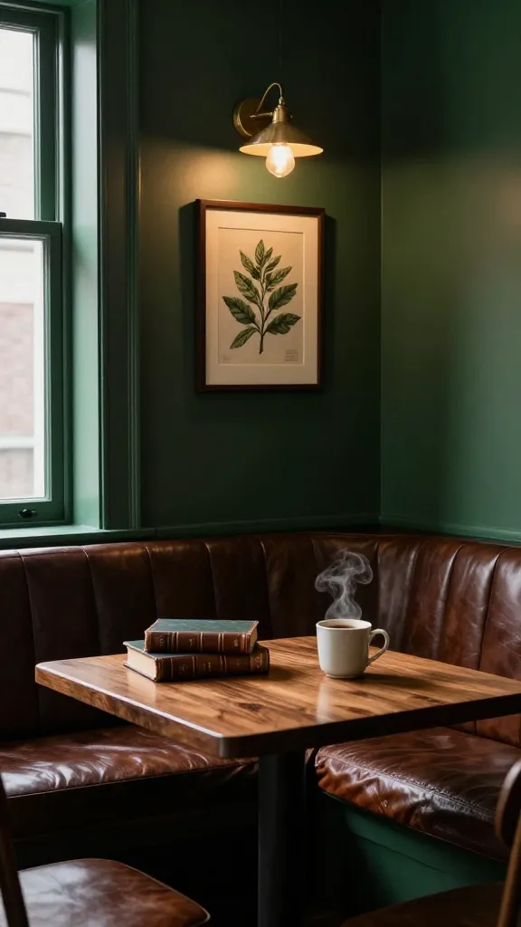 A high-quality, realistic photograph capturing a sophisticated dark academia inspired kitchen nook. The walls are painted a deep, moody forest green. A sturdy, polished dark wood table is nestled into a corner with a U-shaped built-in bench, upholstered in luxurious deep brown leather. Above the bench, a small, elegant brass picture light casts a warm glow on a framed vintage botanical print. A few antique leather-bound books are stacked neatly on the table, alongside a steaming ceramic mug of coffee. The scene exudes an intellectual, cozy, and rich library atmosphere, perfect for quiet contemplation. Soft, diffused natural light illuminates the space from an adjacent window.