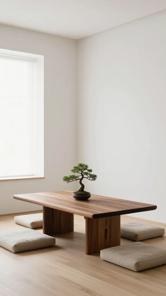 A tranquil and minimalist kitchen nook embodying Zen Japanese-inspired simplicity. A low-profile, smooth dark walnut wood table is centered, surrounded by two muted beige floor cushions. The pristine white walls are bathed in soft, diffused natural light filtering from an unseen window. On the table, a single, delicate bonsai tree in a simple, dark ceramic pot serves as the only decorative element, ensuring a perfectly clutter-free environment. The floor is a light, natural wood. Realistic, high-quality photograph, professional interior photography style, no text on images.
