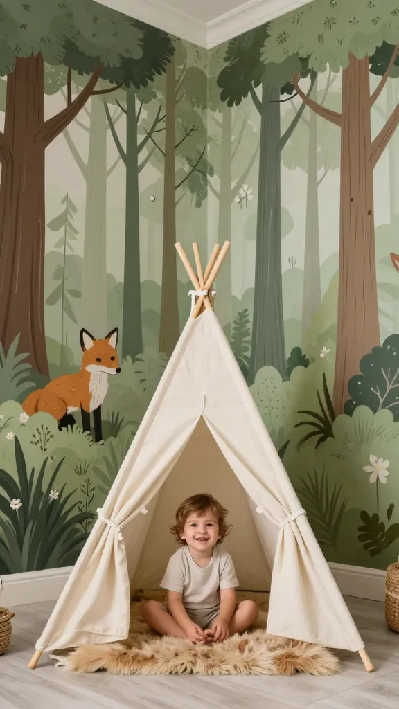A high-quality, realistic photo of a joyful toddler (around 2-3 years old) sitting comfortably inside a cozy, cream-colored teepee, which is placed in the corner of a beautifully designed 'Whimsical Woodland Retreat' themed room. The teepee features visible wooden poles and a soft, light brown faux fur rug inside. The walls behind showcase a gentle mural of towering sage green trees and a charming earthy brown fox peeking out from behind a tree. The room's overall aesthetic uses a muted palette of sage green, earthy browns, and soft creams, creating a serene and adventurous atmosphere. Soft, natural light streams into the room, highlighting the peaceful scene. Professional interior photography, wide-angle shot, no text.