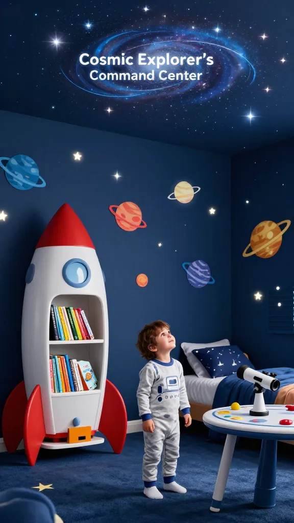 A high-quality, realistic photograph of a toddler's "Cosmic Explorer's Command Center" bedroom. The room features deep navy blue walls adorned with glowing star decals, vibrant planet cutouts, and a subtle hand-painted Milky Way mural. A whimsical rocket ship-shaped bookshelf, filled with colorful children's books, stands prominently. A curious toddler (around 2-3 years old) in astronaut-themed pajamas is standing near the center of the room, looking up with wide-eyed wonder at the ceiling's glowing celestial display. The bed, visible in the background, has soft bedding featuring a constellation pattern. A small, circular desk resembling a control panel with a toy telescope sits to the side. Soft, ambient lighting mimics starlight, emphasizing the glowing elements and creating a magical, inviting atmosphere. Interior design photography. No text.