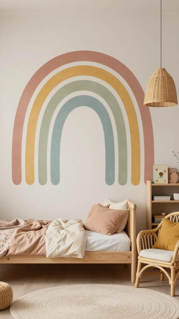 A high-quality, realistic photo of a whimsical and serene toddler's bedroom, bathed in soft, natural light. The room features a muted boho rainbow dreamland theme. On the main wall, a large, textured rainbow mural in dusty terracotta pink, sage green, mustard yellow, and a touch of sky blue anchors the space. A low, light wood toddler bed with soft, cream and muted terracotta bedding is positioned beneath the mural. Adjacent to the bed, a small rattan armchair with a mustard yellow cushion invites comfort. Natural materials are prominent, including a light wood bookshelf filled with a few pastel-colored children's books and a round, cream-colored plush rug on the floor. Delicate rattan light fixtures hang from the ceiling. The overall atmosphere is gentle, creative, and utterly delightful, showcasing handcrafted charm without being overly bright or chaotic. Professional interior photography, sharp focus, natural depth of field.