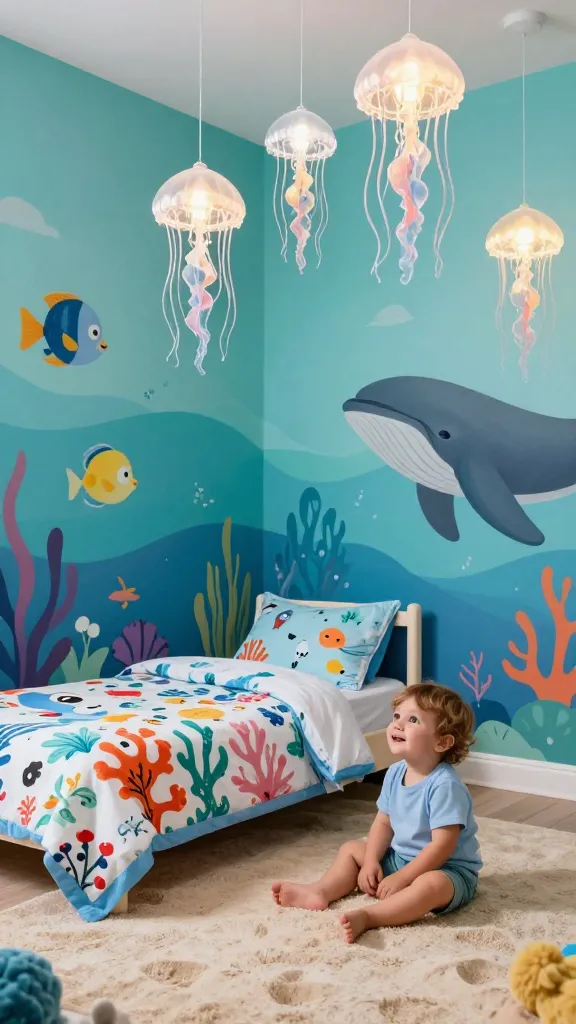 A realistic, high-quality photo of an immersive "Under the Sea" themed toddler room. The walls are painted in varying shades of aqua, teal, and deep ocean blue, featuring a subtle wave pattern and charming murals of friendly fish, playful dolphins, and majestic whales. A toddler bed is neatly made with bedding adorned with cute sea creatures and a vibrant coral reef print. A plush, sandy-beige rug covers the floor, mimicking ocean sand. Several translucent, glowing jellyfish lanterns hang gracefully from the ceiling. A happy toddler is sitting on the rug, looking up at the wall murals with wide-eyed wonder, fully engaged in the imaginative aquatic environment. The lighting is bright and inviting, capturing the room's playful and serene atmosphere with sharp focus and rich detail, resembling a professional interior design magazine spread. No text.