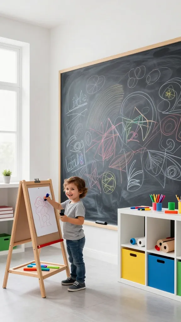 A high-quality, realistic photo of a bright, modern toddler's room designed as a "Little Artist's Studio." The room features crisp white walls, with one prominent wall dedicated to a large, floor-to-ceiling chalkboard covered in colorful, childlike scribbles and drawings. A happy toddler, approximately 2-3 years old, with a joyful expression, is standing in front of a low wooden art easel, holding a chunky crayon and actively engaged in drawing on a piece of paper clipped to the easel. Nearby, open shelving units are filled with accessible art supplies like colorful crayons, markers, paint pots, and rolls of paper, neatly organized in vibrant primary and secondary colored bins, adding lively pops of red, blue, yellow, and green to the neutral space. Natural light streams in from a large window, illuminating the clean, inspiring environment. The overall scene captures creativity and self-expression. No text on image.