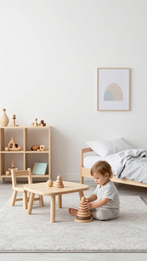A bright, serene, high-quality professional photograph of a Scandinavian-inspired toddler room bathed in soft natural light. The room features a minimalist aesthetic with clean lines and a predominantly muted color palette of crisp whites on the walls, soft light greys for textiles, and warm, natural light wood tones for all furniture. A low-profile, natural light wood floor bed is neatly made with simple white and light grey linen bedding. Nearby, a small, low-slung natural wood table and chair set sits on a soft, light grey wool rug. Open wooden shelving displays a few carefully curated, natural wood toys and a couple of pastel-colored board books, offering a subtle pop of color. A small, minimalist art print with soft pastel geometric shapes hangs on a white wall. A toddler, approximately 2-3 years old, dressed in light, comfortable clothing, is quietly sitting on the rug, gently playing with a set of wooden stacking rings beside the low table, embodying a sense of peace and independence. The overall atmosphere is calm, uncluttered, and inviting. No text.