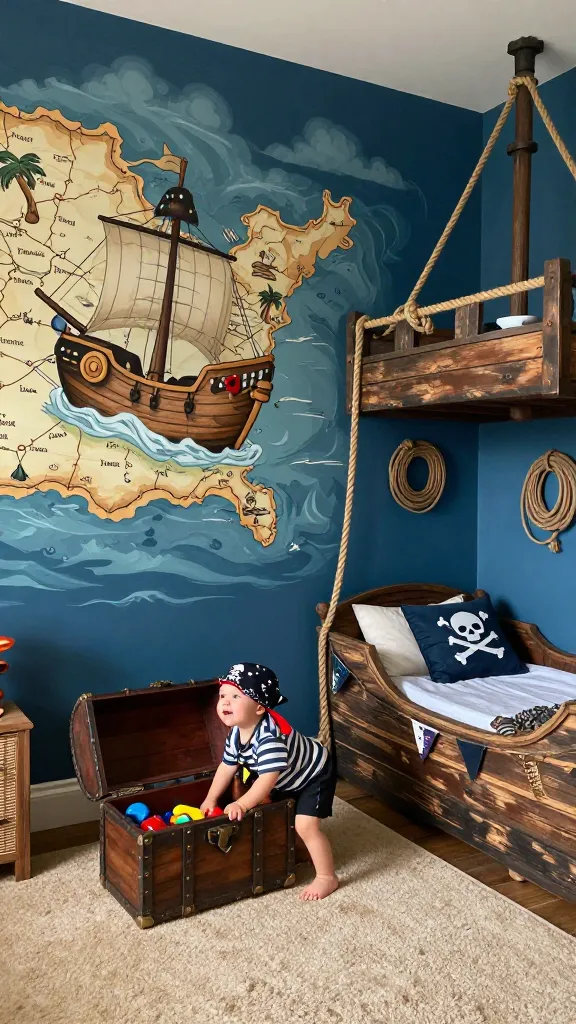 A wide-angle, realistic, high-quality photograph of a joyful toddler, approximately 2-3 years old, dressed in a playful pirate-themed outfit (e.g., striped shirt, bandana), actively exploring their "Pirate's Treasure Island" bedroom. The room is a vibrant hideaway, dominated by a palette of deep blues, sandy beiges, and weathered browns. A prominent wall mural showcases a whimsical treasure map with a friendly pirate ship sailing across a stormy but inviting sea. Rope details are strategically incorporated, such as a decorative rope ladder leading to a cozy, "hidden nook" built into a faux ship's hull, or coiled ropes used as wall art. Friendly skull and crossbones motifs are subtly present on soft cushions and a small decorative flag. The toddler is seen on a soft, sandy beige rug, perhaps peeking into a wooden treasure chest filled with colorful "treasures" (toys) or gazing up at the adventurous mural. The furniture is made of weathered dark wood, and a comfortable toddler bed is designed to resemble a small, sturdy boat. The atmosphere is one of discovery and imaginative play. Natural lighting, sharp focus, rich textures, no text on image.