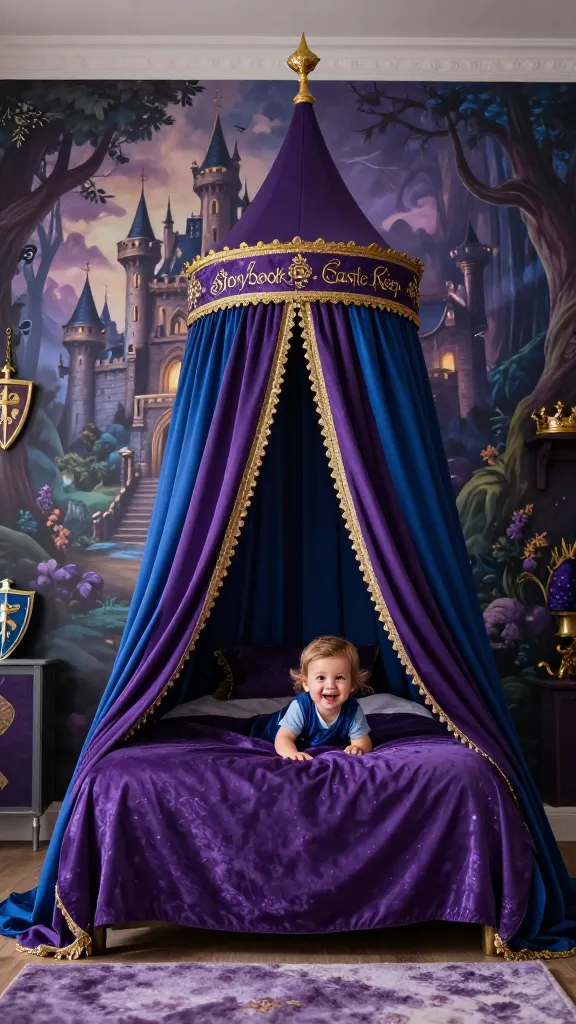 A realistic, high-quality photograph of a magical "Storybook Castle Keep" themed toddler bedroom. The room is bathed in soft, inviting light, showcasing a rich color palette of deep purples, royal blues, and shimmering gold accents. A detailed wall mural dominates one wall, depicting a grand, fantastical castle nestled within an enchanted forest. In the center, a majestic canopy bed is transformed into a royal sleeping chamber, draped with luxurious deep purple and rich blue fabrics, complete with elegant gold decorative finials. A joyful toddler is playfully peeking out from behind the bed drapes, their eyes sparkling with wonder. The floor features a soft, plush rug, and subtle medieval-inspired decor like a small knight's shield or a golden crown are visible on a nearby shelf or wall. No text.