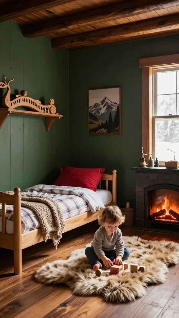A wide-angle, high-resolution photograph captures a warm and inviting toddler's bedroom, meticulously designed as a cozy cabin hideaway. The room exudes a rustic mountain escape feel, with a palpable sense of snug security. The color palette is dominated by rich chocolate browns on natural wood furniture, deep forest greens accenting the walls, and warm reds incorporated through textiles. A natural wood toddler bed is adorned with soft plaid bedding and a chunky knit throw blanket. A luxurious faux fur rug lies on the polished wooden floor, inviting comfort. In the corner, a charming faux fireplace decal adds a focal point. A happy toddler is gently playing with a wooden toy on the faux fur rug, bathed in soft, warm natural light streaming from a nearby window. The scene showcases an abundance of natural textures and comfort, with no text visible.
