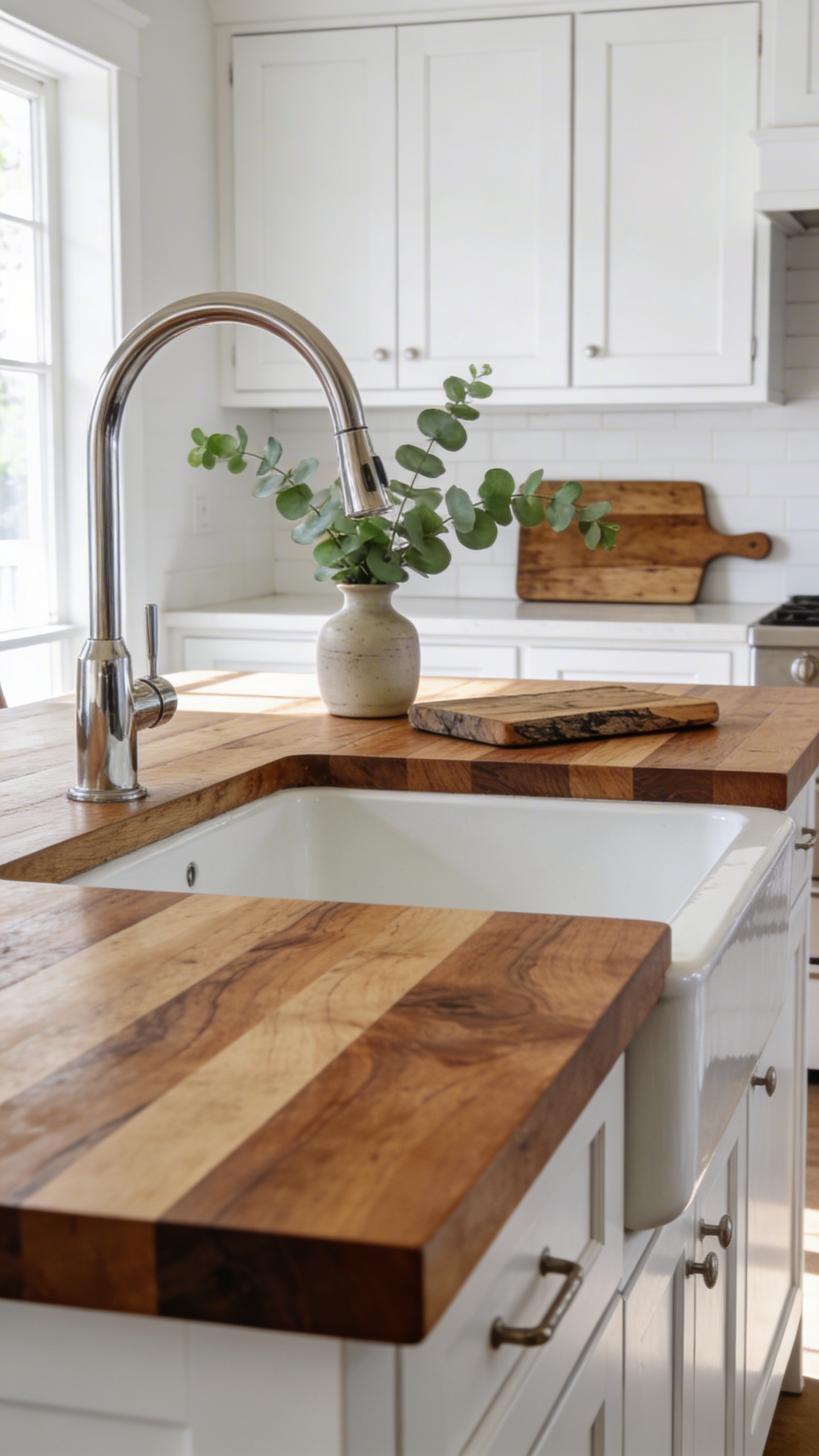 A stunning, bright and inviting modern farmhouse kitchen, captured in a medium wide shot. The centerpiece is a generous, richly-grained butcher block island, prominently featured with its natural wood tones and ample surface area. Integrated seamlessly into the island is a classic white farmhouse sink with a sleek, polished chrome gooseneck faucet. Crisp white shaker cabinets line the walls in the background, providing a bright and airy foundation. Soft, natural light streams into the room, illuminating the space and highlighting the distinct wood grain of the butcher block. On the island, a minimalist styling includes a small ceramic vase with fresh green eucalyptus and a rustic wooden cutting board, hinting at a functional yet elegantly styled prep space. The overall atmosphere is one of relaxed elegance and fresh sophistication. High-resolution, professional interior photography, sharp focus, natural color palette.