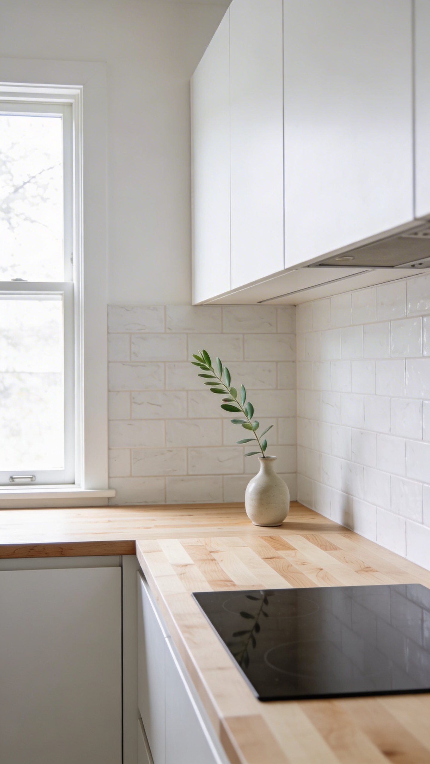 A high-resolution, professional photograph capturing a serene and minimalist Scandinavian kitchen. The focal point is the expansive, light-toned birch butcher block countertops that seamlessly cover all work surfaces, showcasing their natural grain and warm hue. These are complemented by sleek, flat-panel white cabinets and a clean, simple white subway tile backsplash that adds subtle texture. Abundant natural light floods the space from a large window, highlighting the bright, uncluttered aesthetic. A small, elegant ceramic vase with a single delicate green branch (e.g., eucalyptus or olive) is subtly placed on the counter, enhancing the connection to nature. The scene conveys a sense of peaceful functionality and hygge-inspired warmth. Shot with a wide aperture for a slightly soft, inviting depth of field. No text.