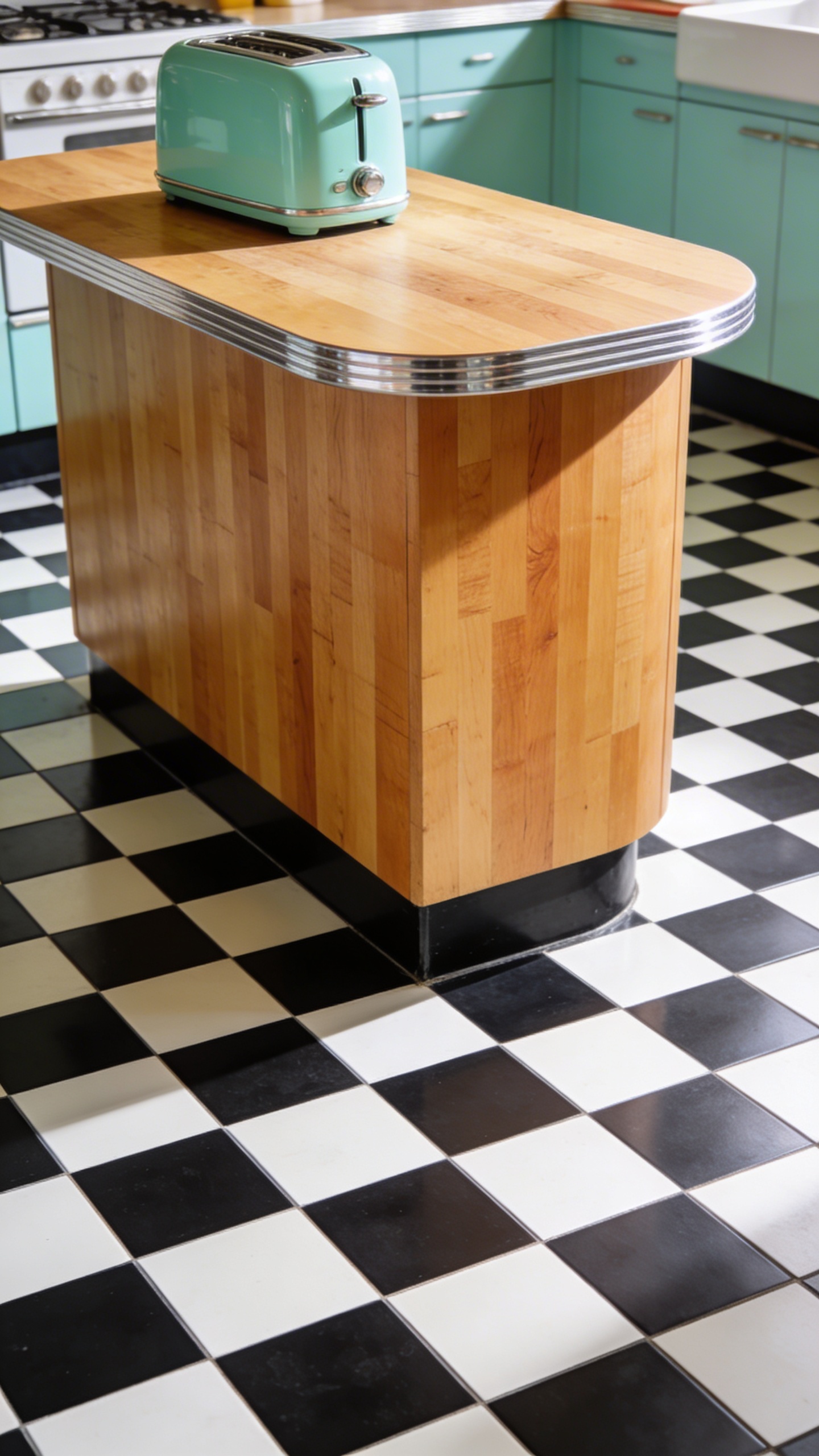 A high-quality, realistic photograph capturing the vibrant essence of a retro diner-inspired kitchen. The prominent feature is a substantial, warm maple butcher block countertop, showcasing its classic rounded edge and a subtle chrome trim running along it. Resting on the butcher block is a sleek, pastel mint green retro-style toaster, adding a pop of color. The kitchen floor is adorned with iconic black and white checkerboard tiles, extending from the foreground to the mid-ground. Bright, inviting natural light streams into the space, emphasizing the rich grain of the maple and the clean lines of the design. The composition is a medium shot, carefully framed to highlight the interplay between the butcher block, the pastel appliance, and the classic flooring, evoking a cheerful, nostalgic atmosphere. No text on image.