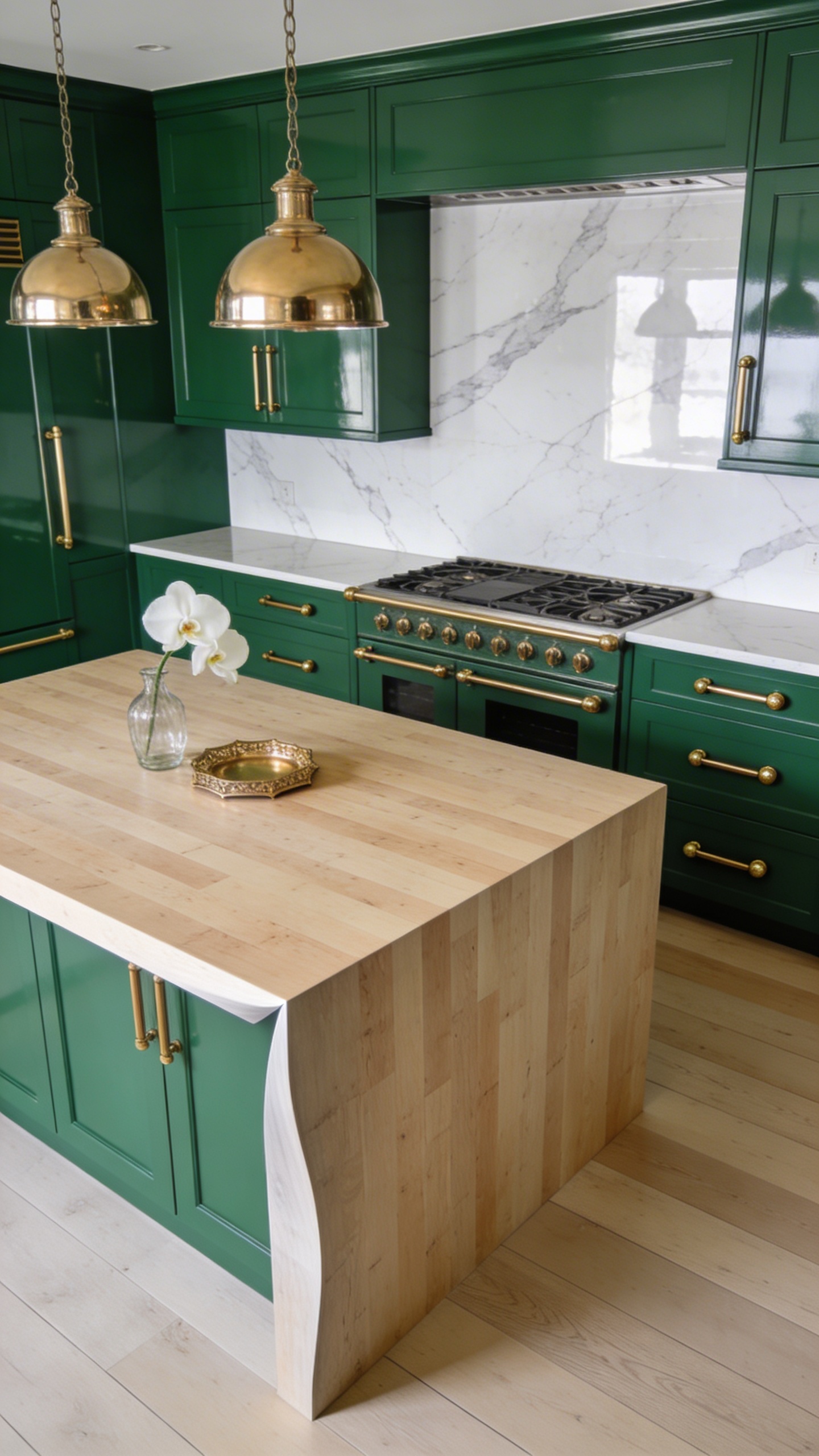 A high-angle, professional architectural photograph of a luxurious kitchen, bathed in soft natural light. The centerpiece is a large kitchen island featuring a thick, light-toned butcher block countertop with a sleek waterfall edge on the front-facing side. Surrounding the island are custom, high-gloss emerald green cabinets, adorned with polished brass bar pulls and knobs. A full-height backsplash of pristine white quartz with subtle grey veining extends along the main wall, reflecting light beautifully. Above the island, two elegant polished brass pendant lights hang gracefully. The flooring is light-colored, wide-plank hardwood. A delicate glass vase holding a single white orchid and a small, polished brass decorative tray are subtly placed on the butcher block island. The scene exudes opulence and approachability, with sharp focus and rich detail.