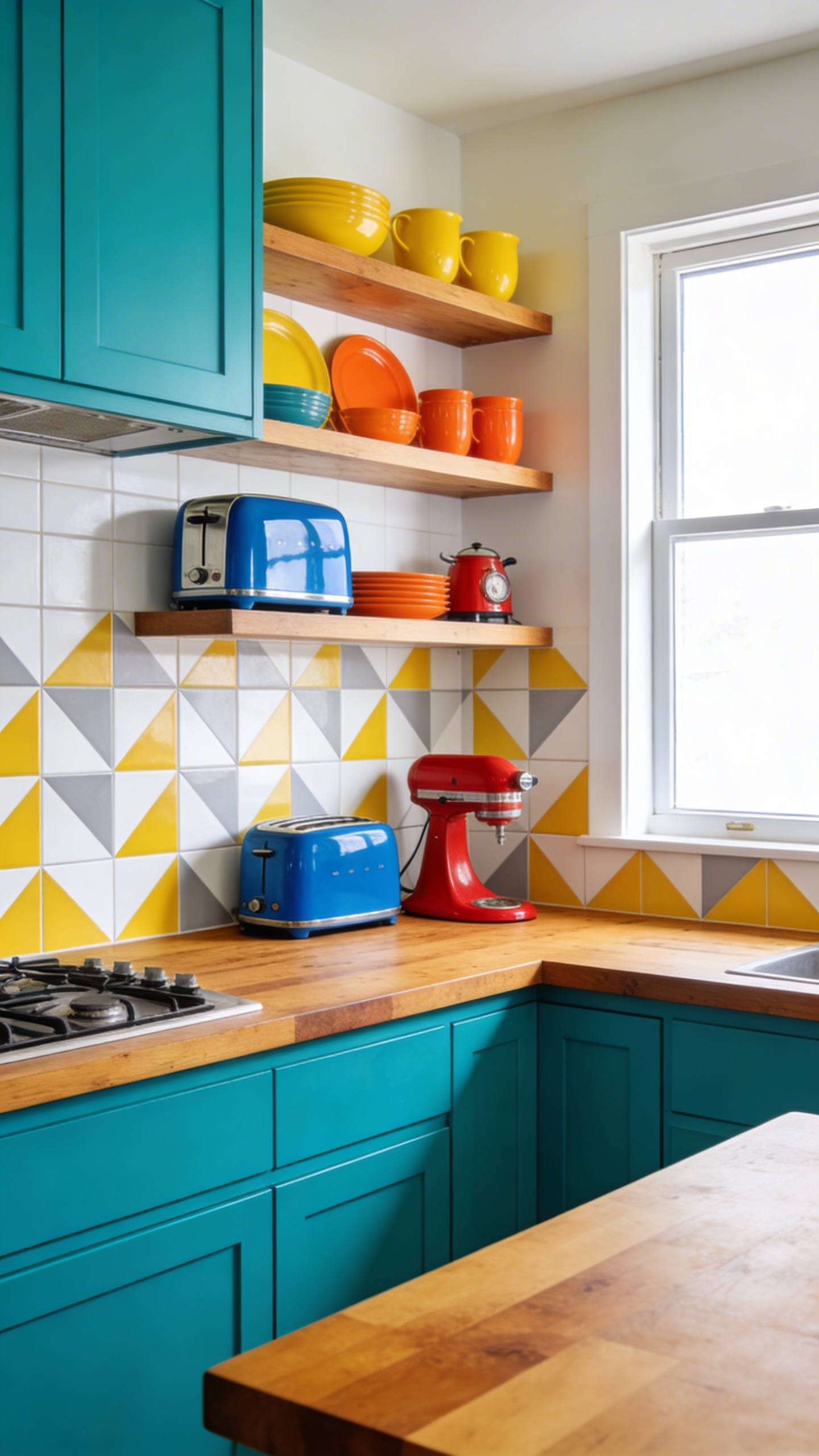 A high-quality, professional photograph of a vibrant and cheerful modern kitchen. Thick, warm butcher block countertops serve as the grounding neutral, prominently featured along the main cooking and prep areas. The base cabinets are painted a bold, vibrant teal, contrasting with a playful, geometric patterned tile backsplash in shades of white, light grey, and sunny yellow. Above, open shelving displays an arrangement of colorful ceramic dishware in bright yellows and oranges, alongside a sleek, electric blue retro-style toaster and a small red stand mixer. Abundant natural light streams in from a large window, illuminating the textures and bold hues, creating an inviting and happy atmosphere. Realistic, sharp focus, wide-angle lens, professional interior photography, no text.