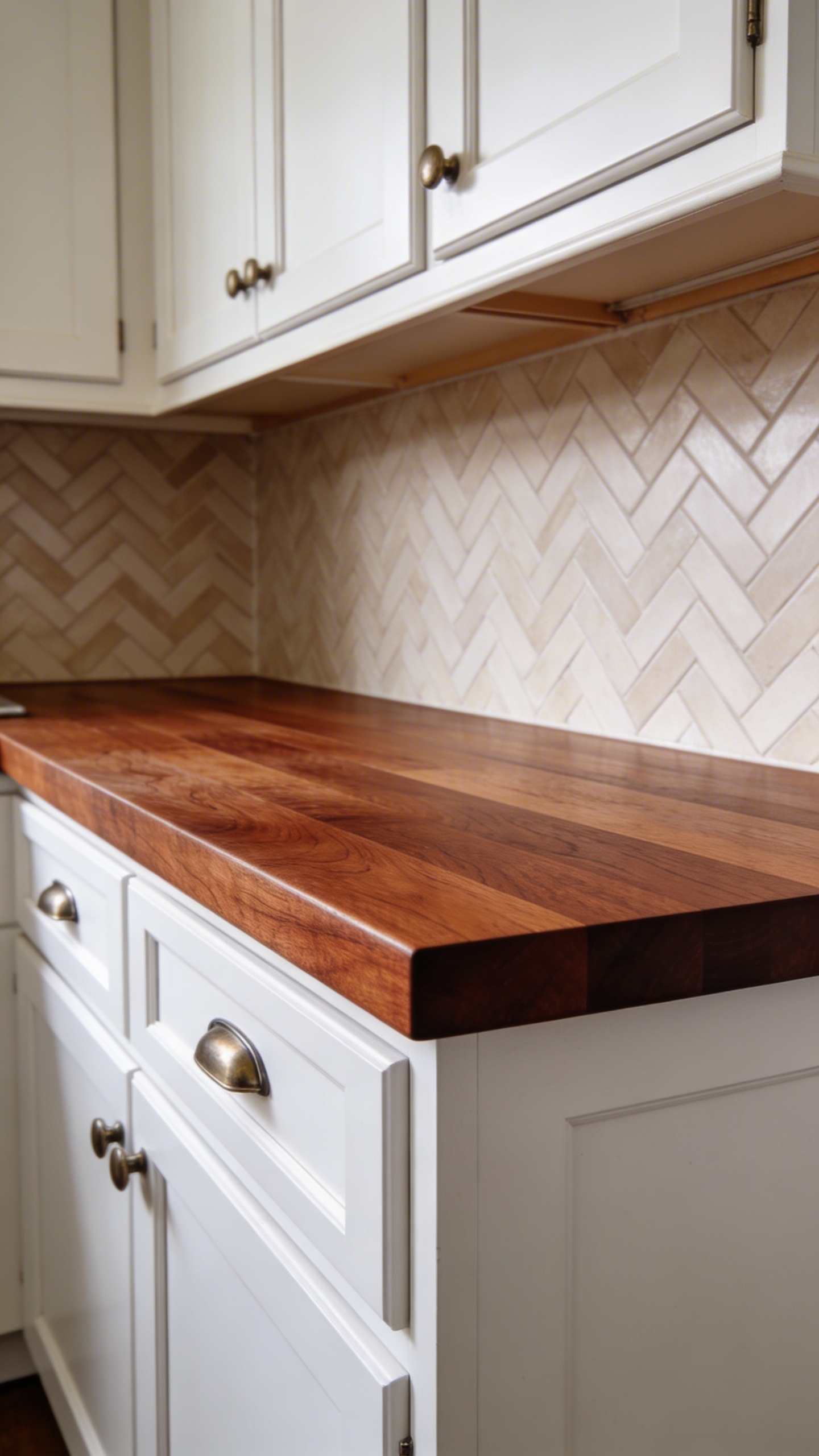 A high-quality, realistic photograph of a sophisticated transitional kitchen. Warm cherry butcher block countertops with visible grain and a smooth, well-maintained finish are the focal point, resting atop classic white shaker cabinets. A subtle, neutral-toned herringbone pattern backsplash extends across the wall, adding texture and depth. The cabinets are adorned with sleek brushed nickel hardware. The kitchen is bathed in soft, inviting natural light, highlighting its balanced blend of traditional charm and modern sophistication. The overall atmosphere is refined and timeless, capturing an organic warmth. Shot at eye-level, slightly wide angle to showcase the countertops and cabinetry.