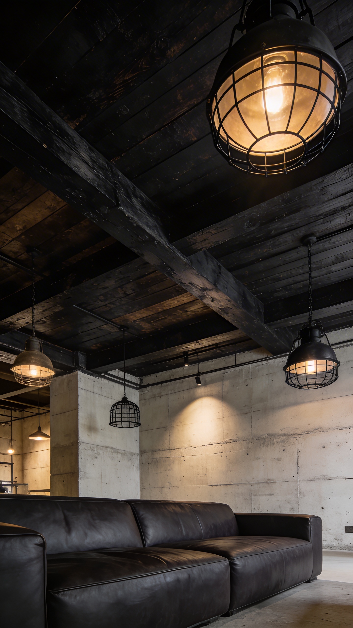 A wide-angle, high-resolution photograph capturing a sophisticated modern industrial loft interior. The dominant feature is a soaring, rich, almost black stained wood ceiling with chunky, exposed beams crisscrossing dramatically overhead. These prominent dark wood beams create incredible visual depth against the pale, raw concrete walls. Oversized industrial pendant lights with black metal cages hang at varying heights, casting a focused, warm glow. In the foreground, a plush, low-slung deep charcoal leather sofa is positioned, invitingly contrasting with the raw textures and urban edge of the space. The lighting is professional architectural photography, highlighting the textures and the dramatic ceiling.
