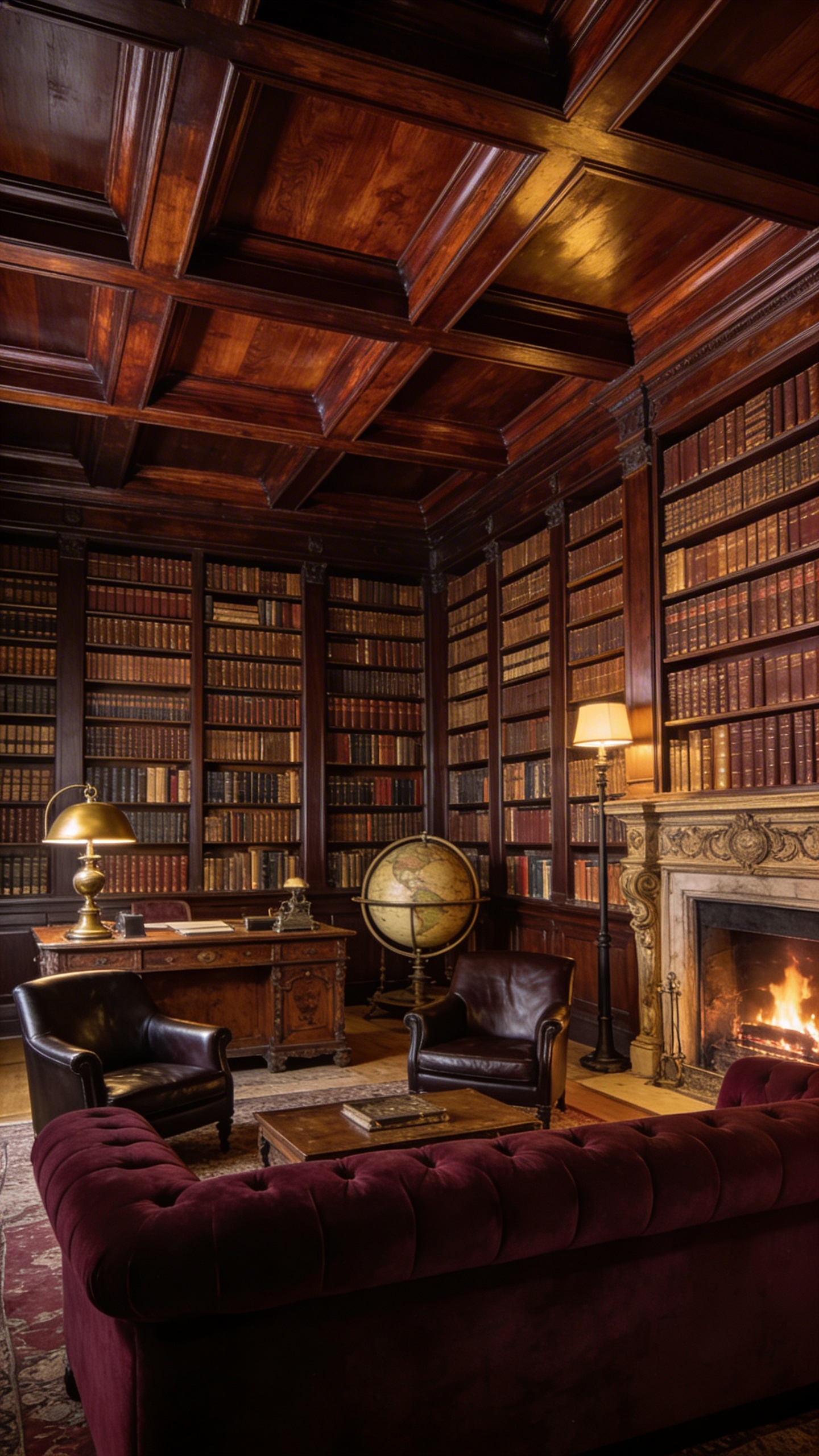 A grand traditional library showcasing a magnificent dark wood coffered ceiling crafted from polished mahogany or dark cherry, each deep recessed panel exuding architectural grandeur and timeless sophistication. The ceiling is the dominant feature, setting a distinguished, old-world tone. Floor-to-ceiling built-in bookshelves, also in dark wood, line the walls, meticulously filled with a vast collection of leather-bound books. In the foreground, a rich burgundy Chesterfield sofa and two classic dark leather armchairs are elegantly arranged around an ornate, roaring fireplace. A large, antique wooden desk with a vintage brass lamp and a spinning globe sits nearby. The room is bathed in warm, inviting light from strategically placed table and floor lamps, creating an atmosphere of intellectual pursuit and cozy luxury. Realistic, high-quality interior photography, no text.