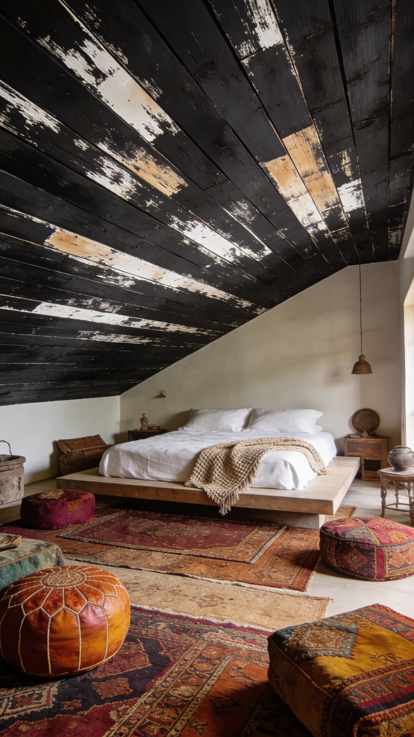 A wide-angle, interior photograph of a bohemian rhapsody bedroom, featuring a prominent dark, distressed wood ceiling. The ceiling consists of wide, almost charcoal-stained wood planks, subtly whitewashed and sanded in places to reveal lighter, aged undertones and a beautifully imperfect texture, creating a rustic, well-traveled character. Below, a low-slung platform bed, adorned with crisp white linen and a woven throw, is positioned on a foundation of several layered Persian rugs in rich, earthy tones. Vibrant Moroccan poufs in jewel-toned fabrics are artfully scattered around the room, adding eclectic pops of color. Soft, diffused natural light streams into the space, highlighting the textures and creating a warm, inviting, globe-trotter's sanctuary atmosphere. Realistic, high-quality photo, no text.