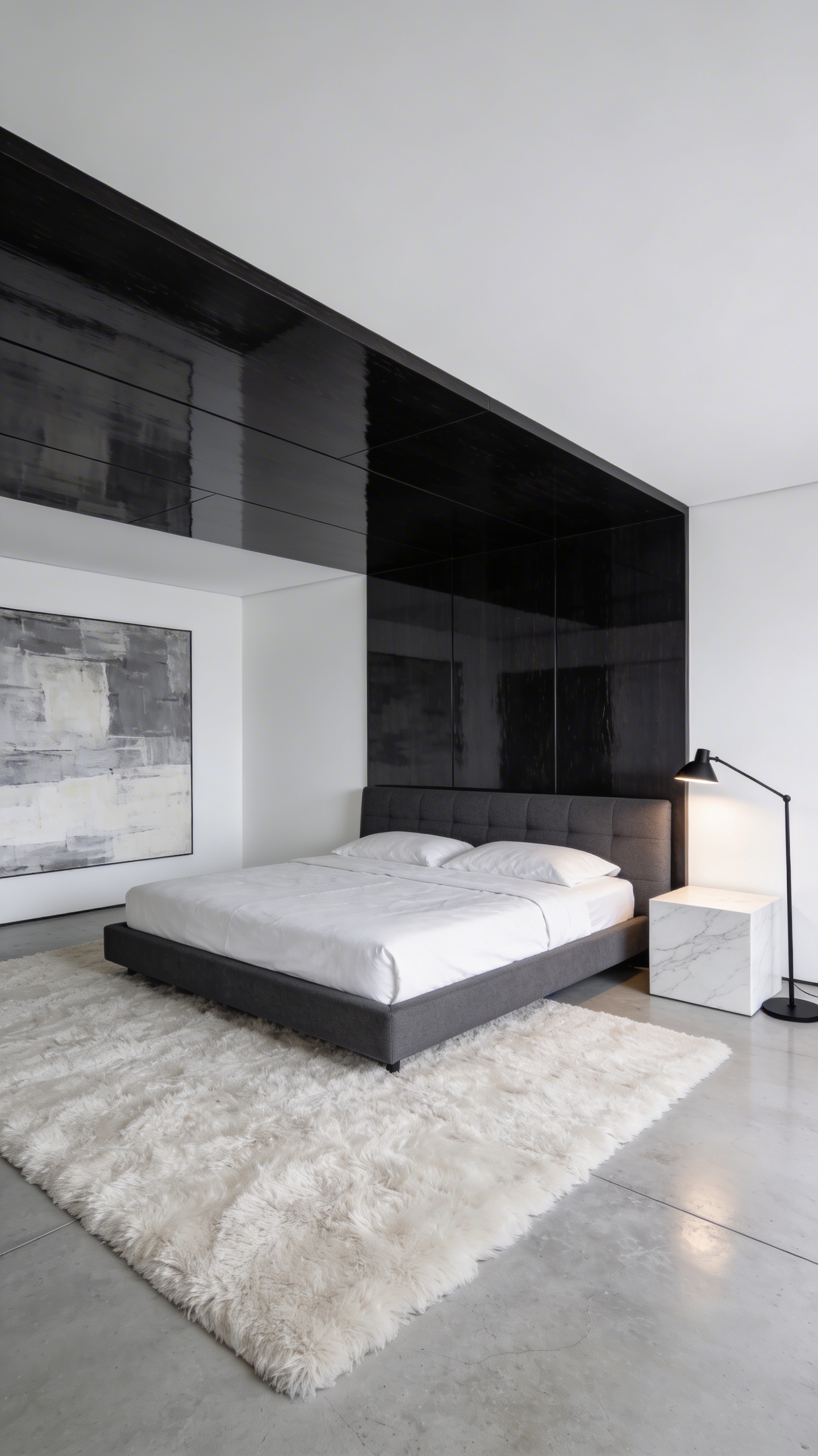 A wide-angle, eye-level interior photograph of a sophisticated urban master suite, bathed in soft, diffused natural light. The highly polished, seamless ceiling panels of deep ebony wood are the focal point, subtly reflecting the room's clean lines and creating a mirror-like sheen that adds depth and refined luxury. The walls are painted in a crisp, matte white, providing a minimalist backdrop. The room adheres to a monochromatic color palette of greys, blacks, and whites. A low-slung, king-sized bed with a charcoal grey upholstered headboard and pristine white bedding is centrally placed. Adjacent to the bed, a sleek, black metal floor lamp illuminates a minimalist white marble bedside table. The flooring is a light grey polished concrete, partially covered by a large, plush off-white area rug. A single, large-scale abstract art piece, featuring subtle textures in shades of grey and white, hangs prominently on one wall. The overall ambiance is one of serene calm and sophisticated coolness, with select pieces artfully popping against the chic backdrop. Realistic, professional interior design photography.