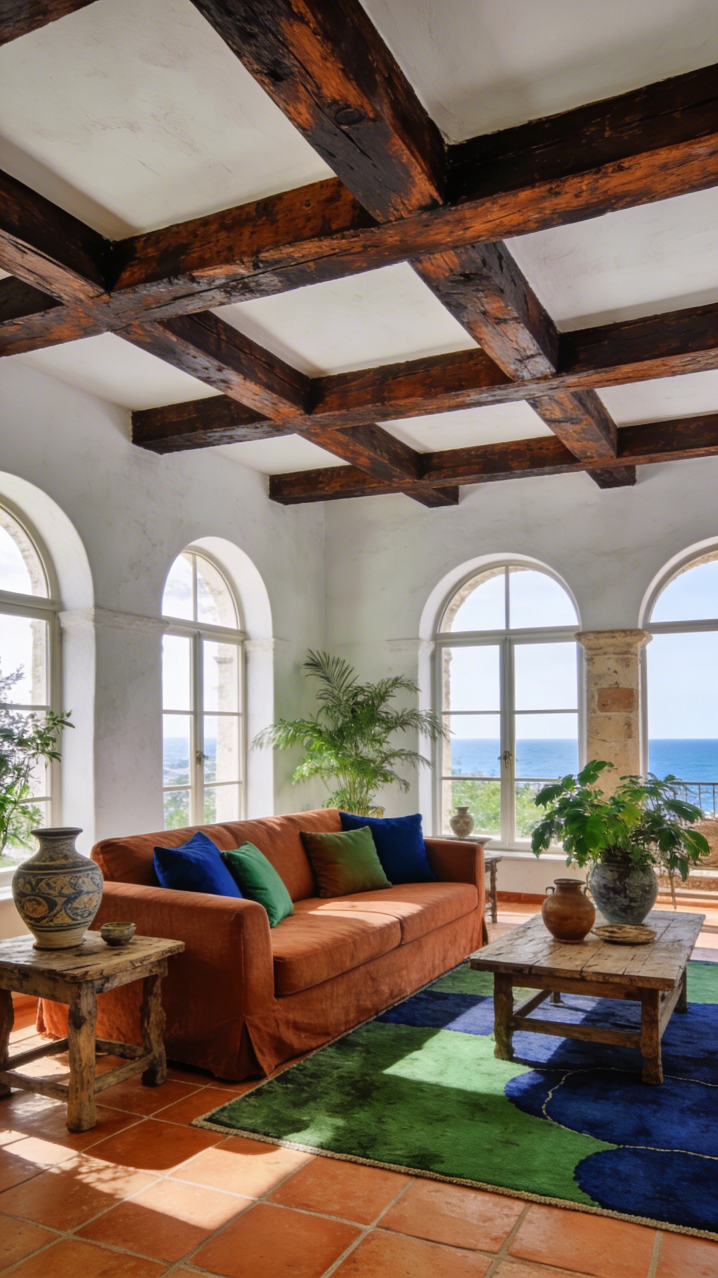 A sun-drenched, high-quality photograph of a Mediterranean villa living room. Overhead, a dramatic grid of substantial, rustic, hand-hewn dark wood beams, stained in a deep, rich brown, contrasts beautifully with the whitewashed stucco ceiling and walls. Bright natural light floods the space from large arched windows, subtly suggesting a distant sea view. The flooring is warm terracotta tile, partially adorned with a rug featuring earthy green and deep cobalt blue patterns. Furnishings include a comfortable sofa upholstered in a warm terracotta linen, complemented by throw pillows in deep cobalt blue and earthy green. Rustic wooden tables hold decorative pottery and lush green plants. The room exudes old-world charm and architectural authenticity. Realistic, high-quality photograph, no text.