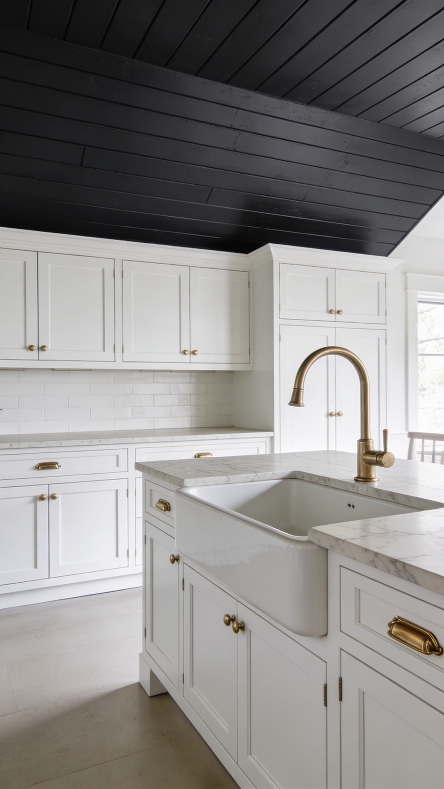 A high-quality, realistic photograph of a sophisticated farmhouse chic kitchen. The ceiling is a dramatic, dark charcoal painted shiplap, creating a striking contrast against the classic white shaker cabinets below. The white cabinets feature elegant brass hardware and a substantial white ceramic farmhouse sink set into a light honed marble countertop. Soft natural light streams into the space, illuminating the clean lines and the bold ceiling. The overall aesthetic is a modern, charming twist on the farmhouse style, captured from an eye-level interior perspective.