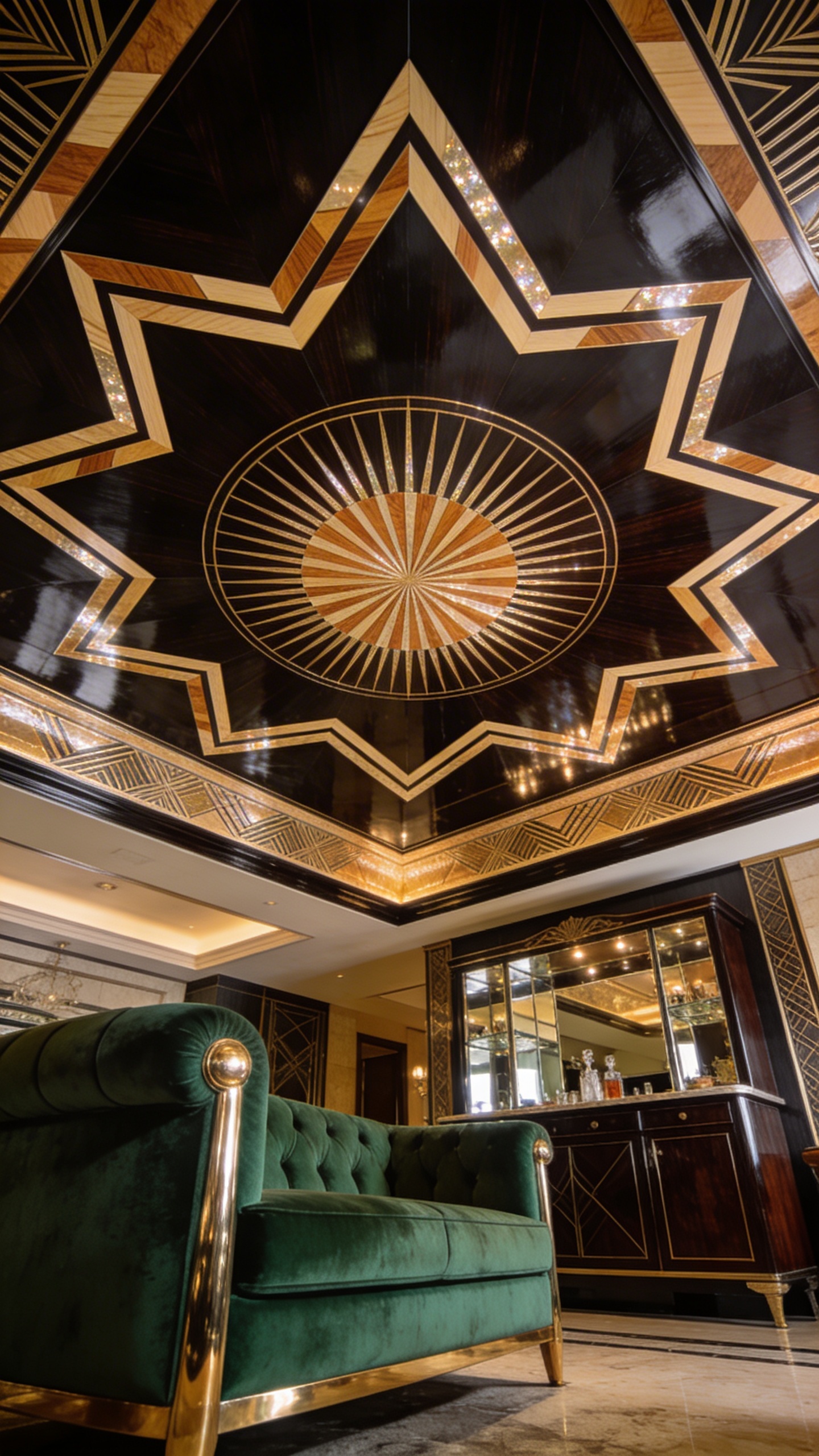 A wide-angle, slightly upward-tilted shot showcasing the opulent interior of an Art Deco glamour den. The central focus is a jaw-dropping, highly polished dark ebony wood ceiling, exquisitely inlaid with shimmering lighter maple and ash veneers that form intricate geometric patterns of radiating sunbursts and elegant zigzags. The ceiling's craftsmanship is exceptional, reflecting the soft, luxurious ambient light. Below, a plush emerald green velvet sofa with polished brass accents and a dark wood cocktail cabinet with mirrored details complete the sophisticated Roaring Twenties aesthetic. This is a realistic, high-quality photograph, rich in detail and texture.