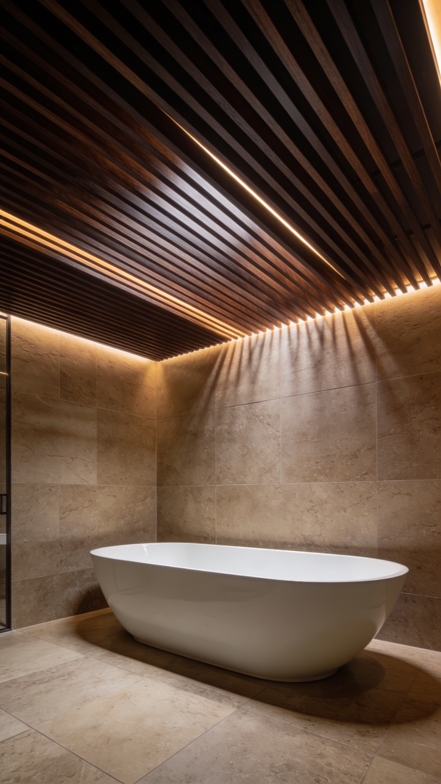 A high-resolution, realistic photo of a luxurious Zen spa bathroom. The dominant feature is a dark wood slatted ceiling, composed of thin, uniformly spaced, dark-stained wenge wood slats running horizontally across the entire ceiling. Subtle, warm LED backlighting peeks through the slats, casting a soft, linear pattern of light and shadow. The walls and floor are clad in large-format, matte travertine tiles, creating a seamless, earthy backdrop. A sleek, contemporary freestanding white soaking tub is positioned centrally. The overall atmosphere is tranquil, sophisticated, and modern, with soft ambient lighting creating a sense of deep relaxation. Professional interior photography, sharp focus, natural colors.