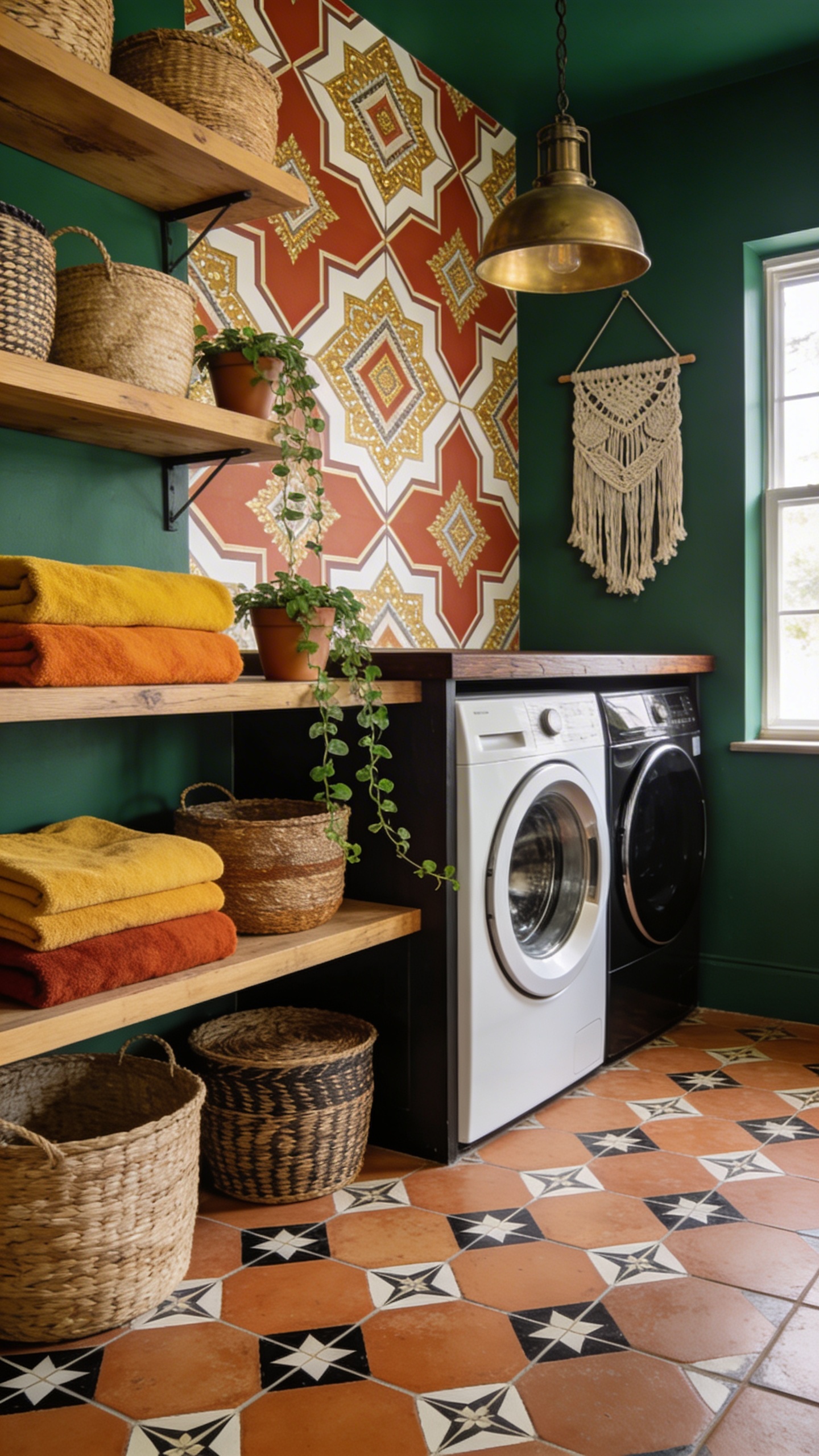 A high-quality, realistic photo of a vibrant, eclectic boho laundry room. The walls are painted a rich, deep emerald green, with an accent wall featuring a bold, large-scale Moroccan-inspired geometric wallpaper in shades of terracotta, cream, and gold. The floor is covered with stunning patterned cement tiles in complementary geometric designs, predominantly in terracotta, black, and off-white. Open wooden shelves are meticulously styled with an assortment of natural woven baskets of varying sizes and textures, vibrant folded towels in mustard yellow and burnt orange, and small potted trailing plants. A modern, front-loading washing machine and dryer are neatly integrated under a dark wood countertop, above which a brass industrial-style pendant light hangs. A unique, handcrafted macrame wall hanging adds another layer of texture. The room is bathed in soft, inviting natural light from a nearby window. No text.