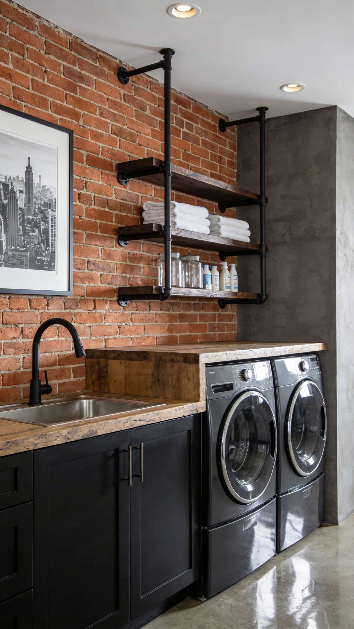 A high-quality, professional interior photograph of a modern industrial loft-style laundry room. The main wall features prominent exposed red brick, complemented by a smooth, dark grey concrete accent wall. A sleek, stackable dark grey washer and dryer set is seamlessly integrated beneath a thick, sturdy butcher block countertop. Adjacent to the appliances, matte black base cabinetry with minimalist hardware provides ample storage. Above the countertop, open shelving crafted from black industrial pipe and dark wood planks displays neatly folded white towels and minimalist glass jars containing laundry essentials. A deep, undermount stainless steel utility sink with a matte black gooseneck faucet is visible. The room is illuminated by soft, natural light entering from an unseen window, enhanced by subtle recessed ceiling lights that highlight the raw textures of the brick and concrete. The floor is polished concrete, reflecting the light. A simple, framed black-and-white urban landscape print hangs on the brick wall, adding to the urban aesthetic. No text on image.