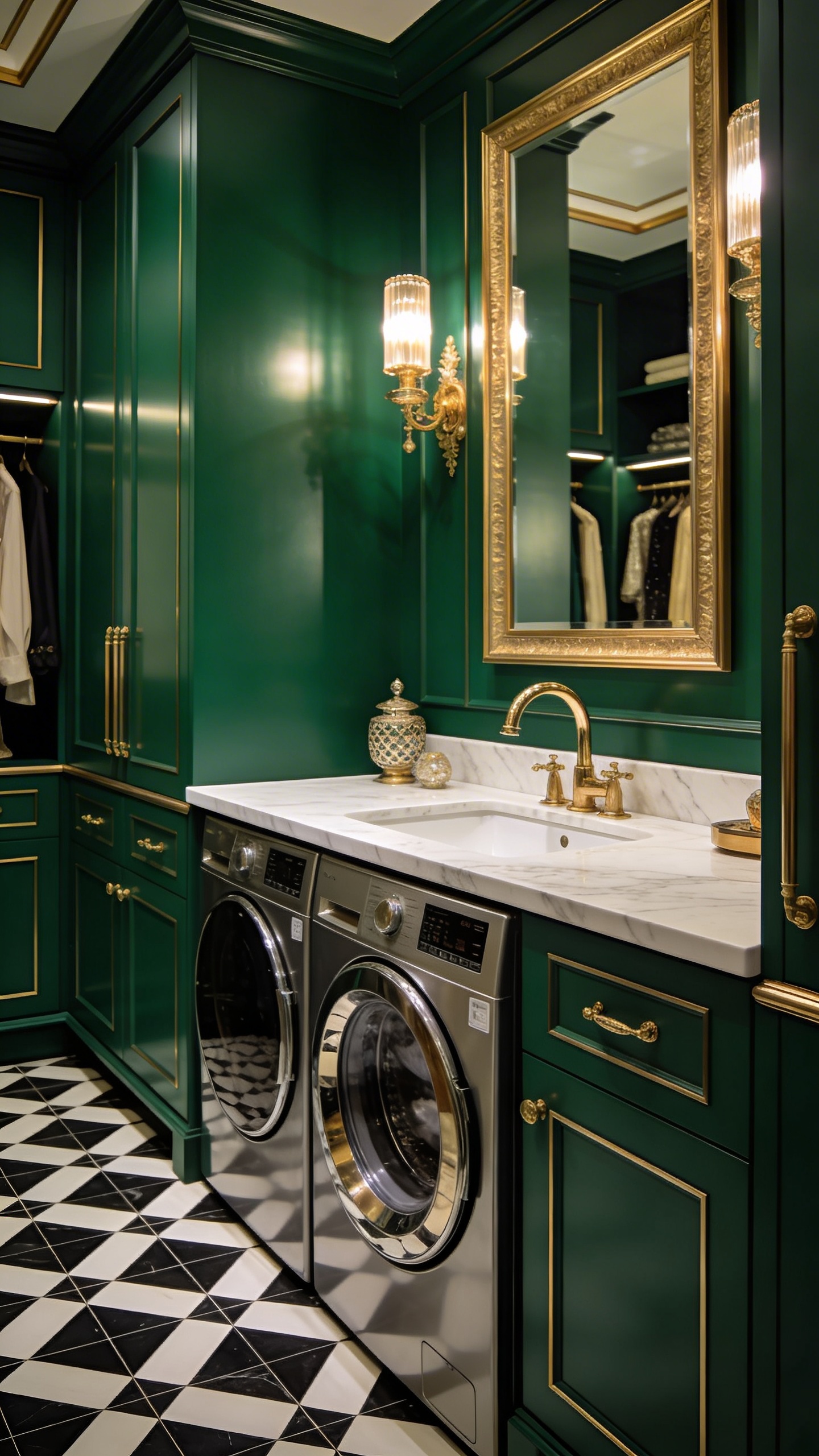 A high-quality, realistic photo of a luxurious Art Deco laundry room. The space exudes old-Hollywood glamour with deep emerald green cabinetry featuring polished gold hardware and trim. A stunning geometric patterned tile floor in black and white creates a bold visual statement. Sleek, integrated washer and dryer units are seamlessly built into the design, topped with a pristine white marble or quartz countertop. A stylish gold-framed mirror hangs above a sophisticated sink with a gleaming gold faucet. Opulent gold accents are seen throughout, from light fixtures to decorative elements, adding a touch of sparkle. The lighting is soft and elegant, enhancing the room's chic, dressing-room like atmosphere. No text.