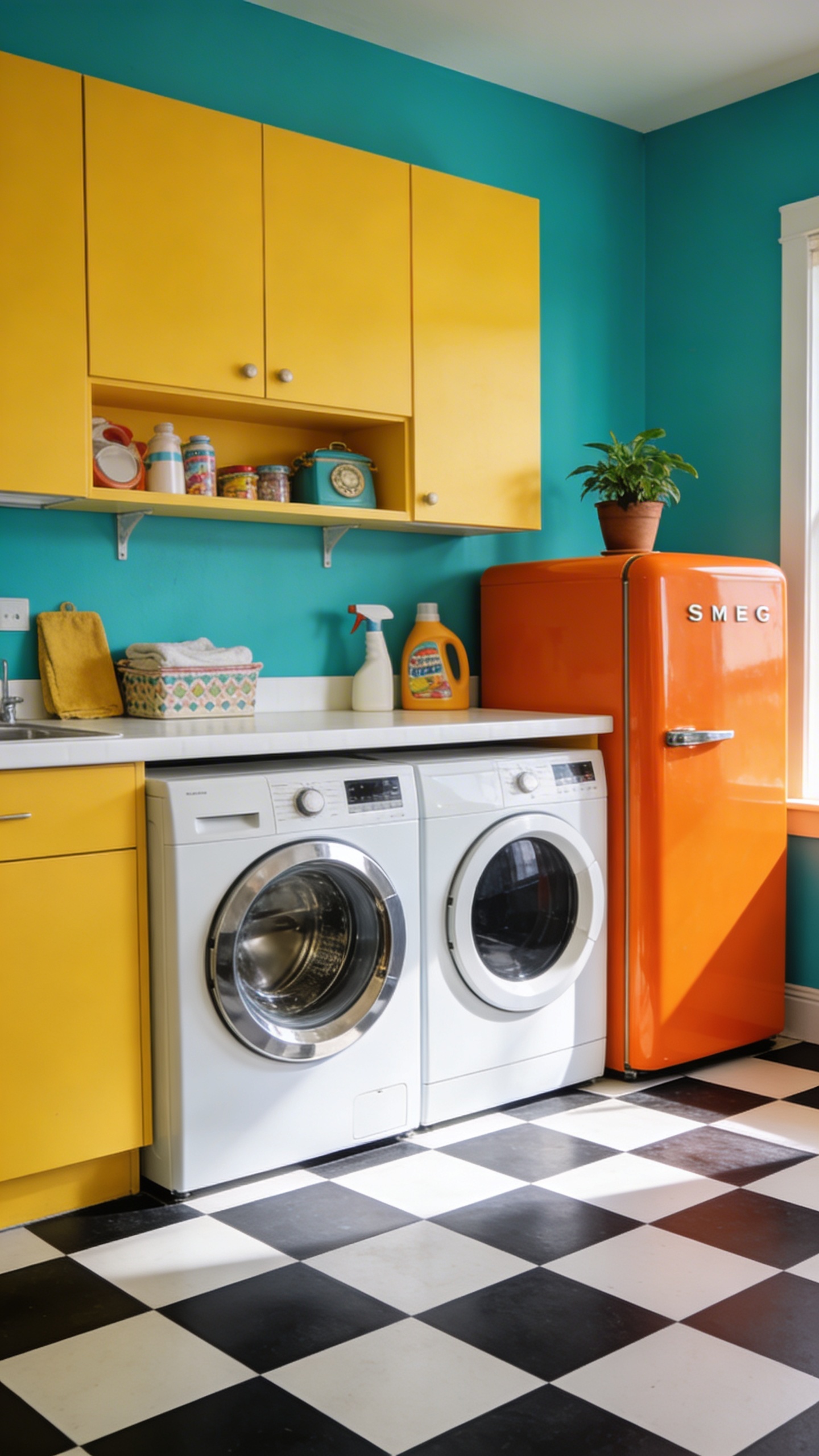 A vibrant and playful retro pop laundry room, capturing the fun aesthetic of the 1960s. The space features walls painted in a bright teal, complemented by sunny yellow cabinetry and a white countertop. A classic black and white checkerboard pattern covers the floor, adding a nostalgic touch. A modern, white front-loading washer and dryer are neatly installed under the counter. A prominent, fiery orange Smeg-inspired mini-fridge stands beside them, a stylish and functional accent. Vintage-style laundry accessories and a small, potted plant adorn the shelves, enhancing the cheerful and groovy atmosphere. The room is well-lit with natural light, showcasing a high-quality, realistic photo with sharp details.