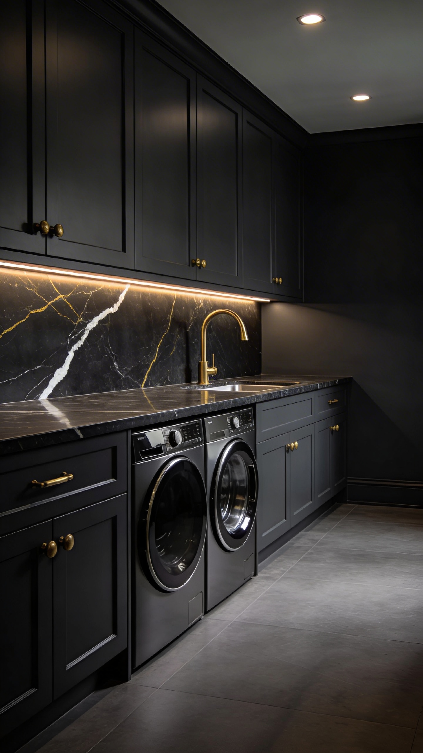 A high-quality, realistic photograph capturing a luxurious and sophisticated dark and moody laundry room. The walls and custom flat-panel cabinetry are painted in a deep, rich charcoal grey, exuding a dramatic and elegant atmosphere. Integrated front-loading washer and dryer units are seamlessly built into the lower cabinetry. A thick, dark marble countertop with prominent white and gold veining stretches across the entire length, providing a chic and functional workspace. Above the undermount sink, a sleek, gooseneck brass faucet gleams, acting as a striking metallic accent. All cabinet pulls and knobs are crafted from polished brass, reflecting a warm light against the dark surfaces. Soft, strategically placed recessed lighting in the ceiling and under-cabinet LED strips illuminate the workspace, enhancing the moody ambiance without harshness. The composition is clean and minimalist, highlighting the rich textures and premium materials.