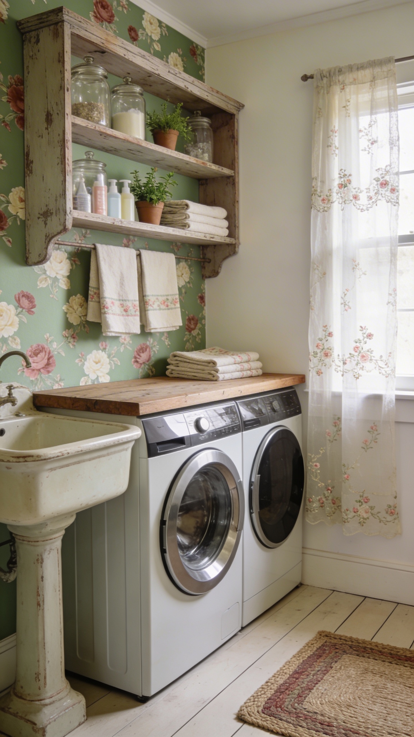 A charming cottagecore laundry room, bathed in soft, diffused natural light from a nearby window. The room features a sage green accent wall adorned with delicate dusty rose and creamy off-white floral wallpaper. The remaining walls are painted a creamy off-white. A rustic wooden countertop spans above a modern, front-loading washer and dryer, adjacent to a vintage-style ceramic utility sink. Above the counter, open distressed wood shelves beautifully display an assortment of clear vintage-inspired glass jars containing laundry essentials, interspersed with small potted herbs and neatly folded linen towels featuring subtle, delicate patterns. A sheer curtain with delicate floral embroidery gently drapes over a window. The flooring is light-toned, wide-plank wood, complemented by a small, braided jute rug in muted, earthy tones. The scene is exquisitely detailed, exuding a whimsical, romantic, and utterly charming rustic aesthetic, captured in a high-resolution, realistic photograph.
