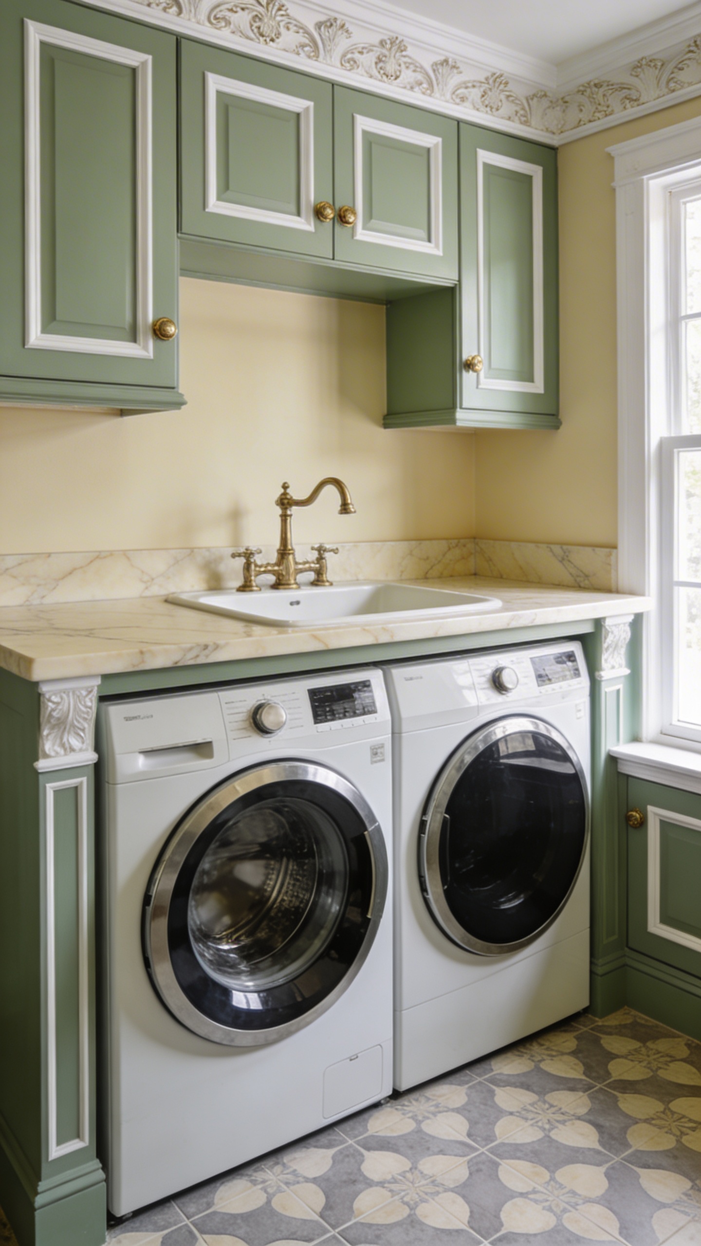 A high-quality, realistic photograph of a classic traditional laundry room, exuding timeless elegance and established luxury. The room showcases perfect symmetry with a built-in front-loading washer and dryer, meticulously integrated beneath a luxurious cream marble countertop. Custom cabinetry above and around the appliances features elegant raised panel doors and intricate decorative molding, finished in a sophisticated soft sage green with crisp white trim. The walls are painted a warm, deep cream, enhancing the room's inviting atmosphere. Polished brass hardware adorns all cabinetry. A deep, traditional porcelain utility sink with a classic bridge faucet is seamlessly set into the marble. Abundant natural light filters through an elegant window, highlighting the rich materials and intricate craftsmanship. The flooring consists of subtly patterned ceramic tiles in muted grey and cream tones. The overall aesthetic is formal yet incredibly inviting, reflecting refined details. No text.
