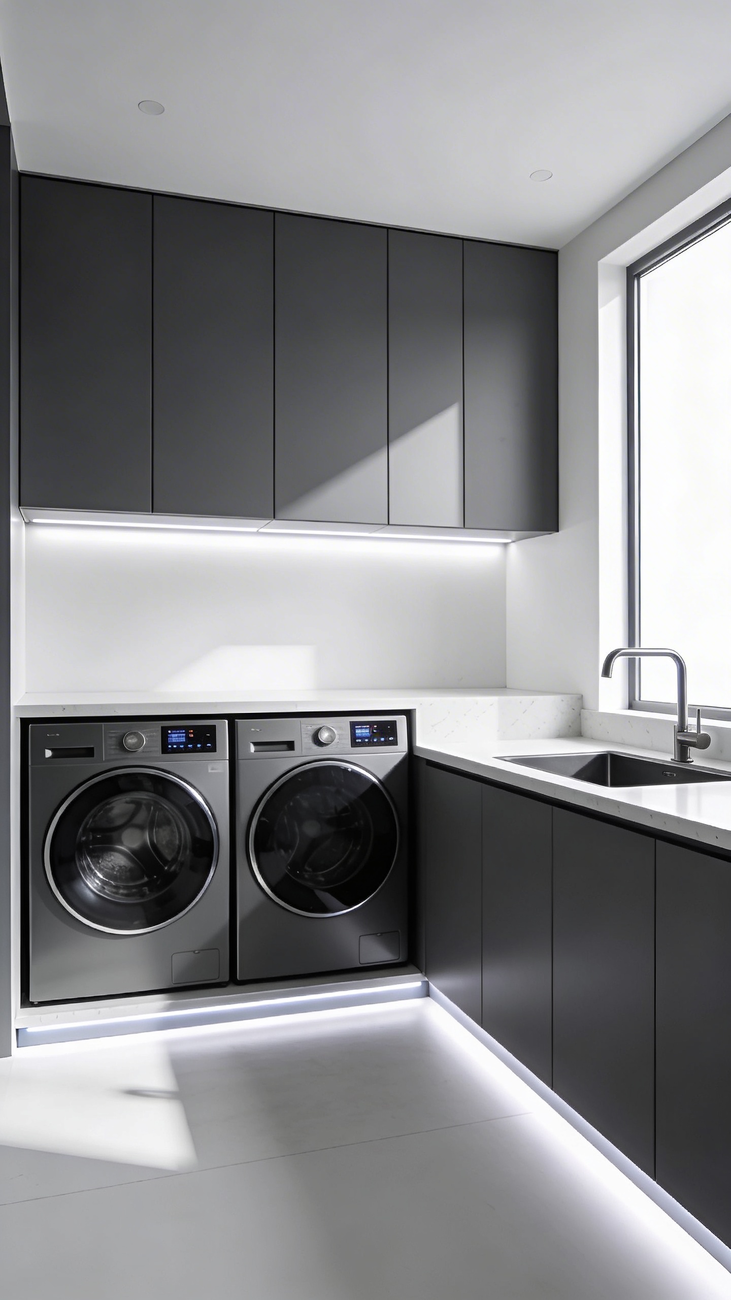 A high-quality, realistic photograph of a modern, minimalist laundry room designed as a 'High-Tech Smart Hub.' The room features a prominent, sleek, integrated smart washer and dryer pair with subtle digital displays and a futuristic aesthetic, positioned side-by-side under a pristine white quartz countertop. Above and around the appliances, handle-less, matte charcoal gray cabinetry is seamlessly built into the wall, providing ample storage. Integrated LED strip lighting casts a soft, even glow under the upper cabinets and along the kick plate, suggesting smart lighting capabilities. A deep undermount sink is set into the counter, with a touchless, pull-down faucet. The overall design emphasizes clean lines, efficiency, and advanced technology, with a sophisticated, monochromatic color palette. The room is immaculate and uncluttered, conveying a sense of effortless convenience. Shot with a wide-angle lens, capturing the full scope of the smart setup.